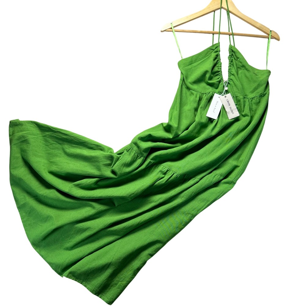 SIM &‎ SAM Baby Doll Linen Blend Smocked Maxi Dress Green Tiered Size L Peasant
